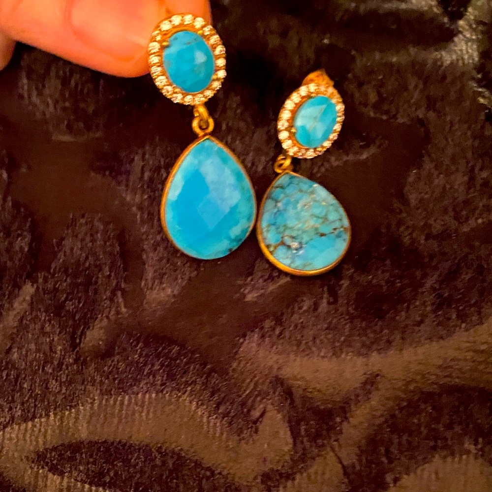 Turquoise Teardrop Drop Earrings with Crystal Accents🦋🍒